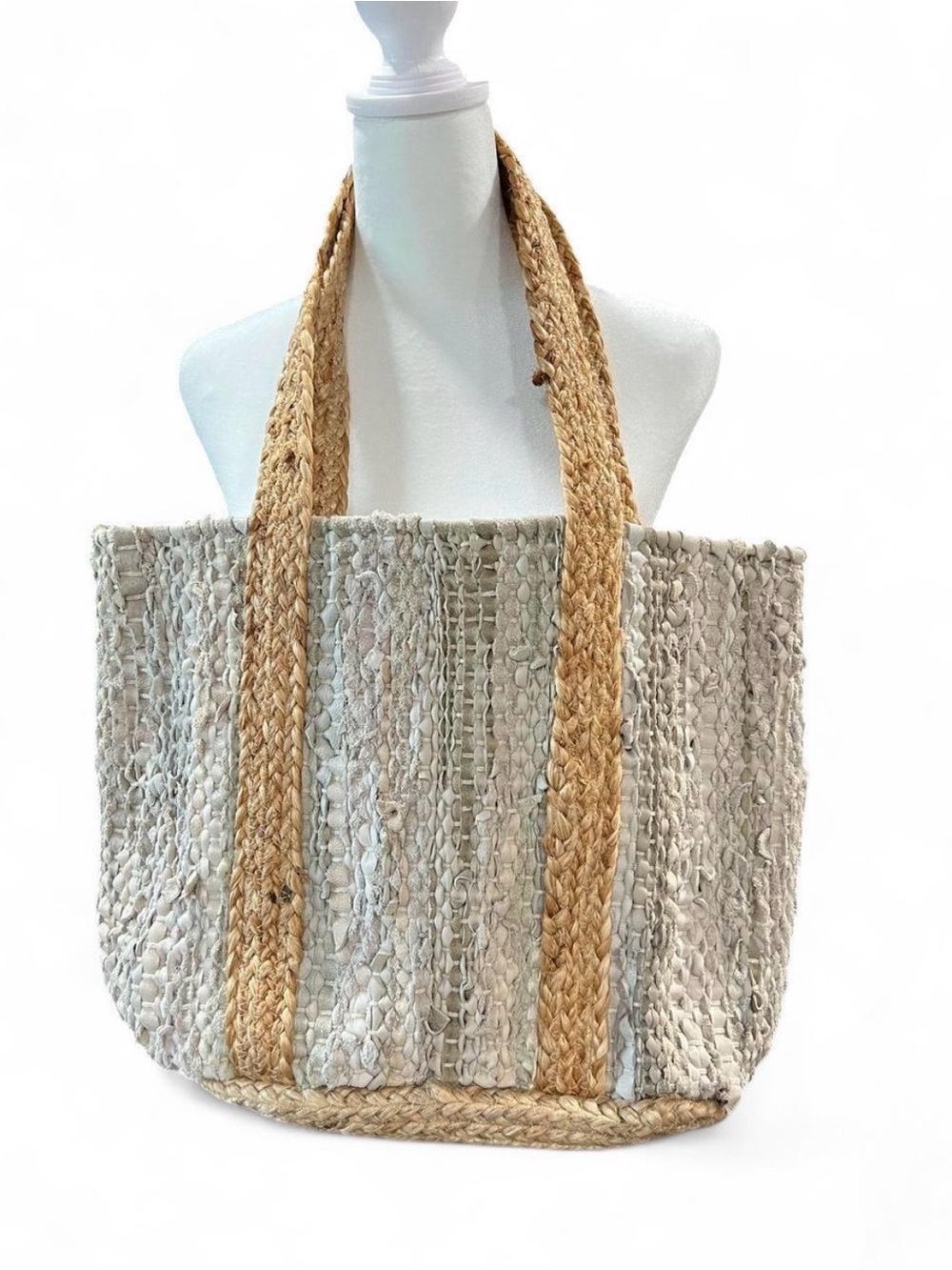 Leather Woven Cream and Tan Tote with Braided Twine Handles